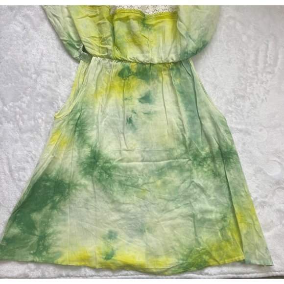 Entro Women's 100% Rayon‎ Green, Yellow Tie Dye Off Shoulder Lace Trim Top L NEW - Picture 7 of 9